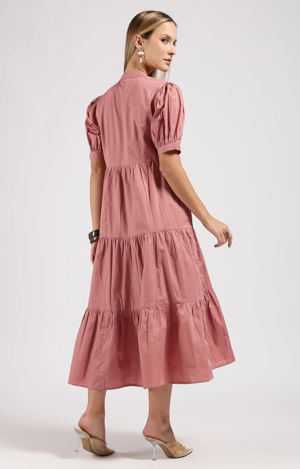 JIVA Dusty Rose-Onion Pink Tiered Midi Dress