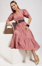 JIVA Dusty Rose-Onion Pink Tiered Midi Dress