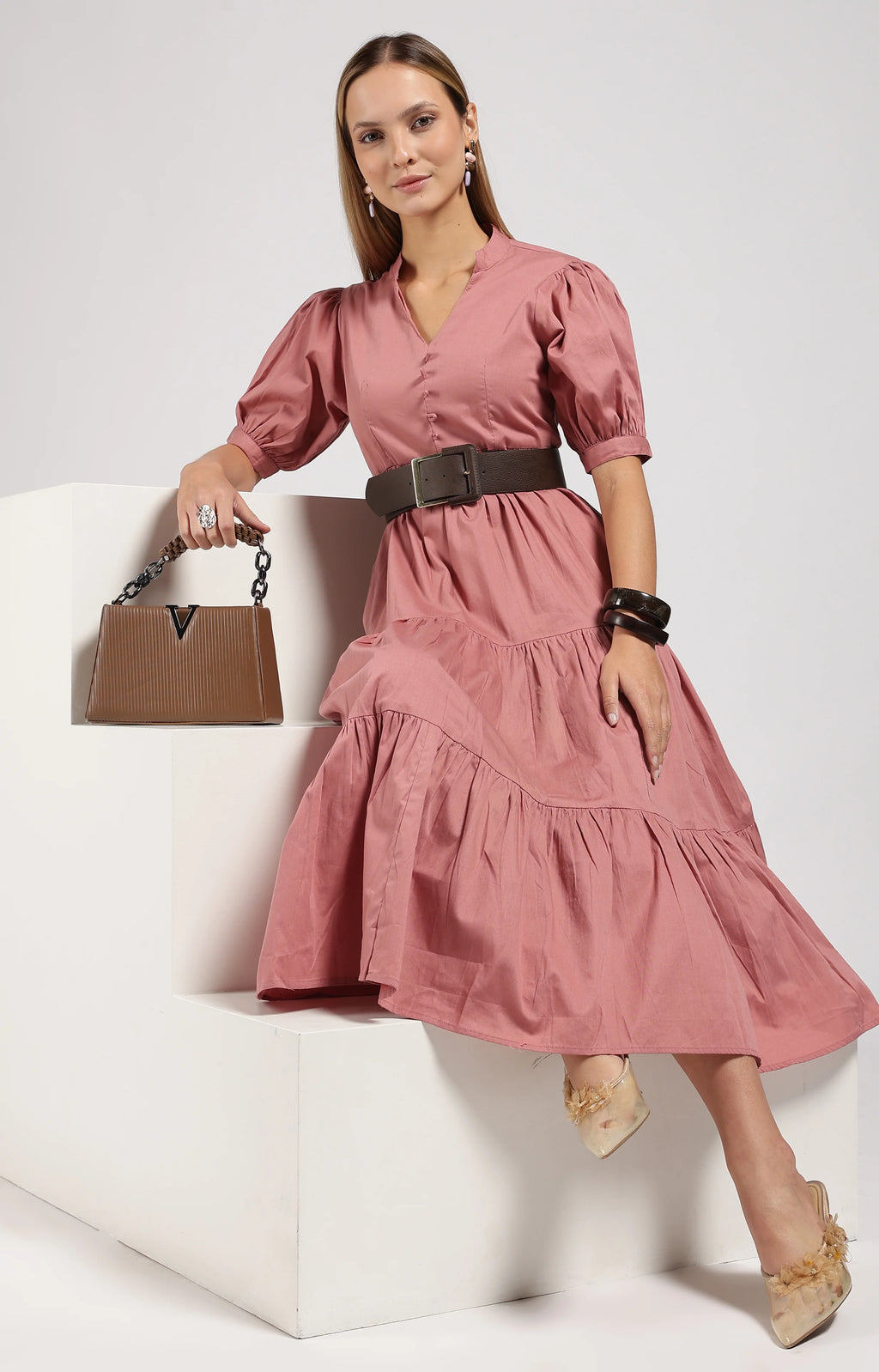 JIVA Dusty Rose-Onion Pink Tiered Midi Dress