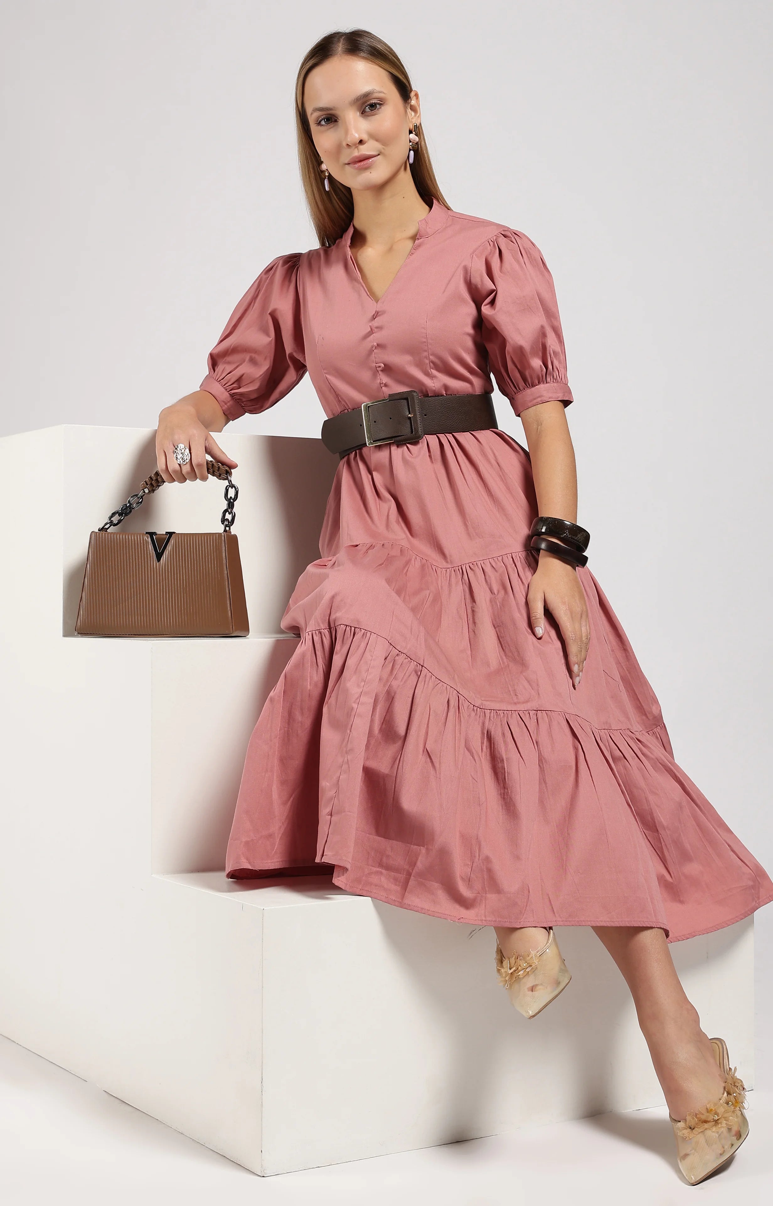 JIVA Dusty Rose-Onion Pink Tiered Midi Dress