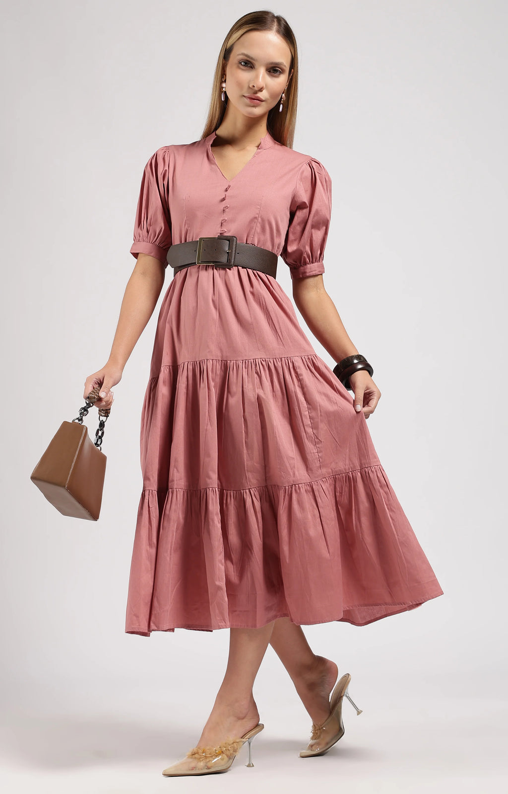 JIVA Dusty Rose-Onion Pink Tiered Midi Dress