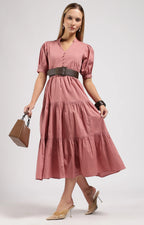 JIVA Dusty Rose-Onion Pink Tiered Midi Dress
