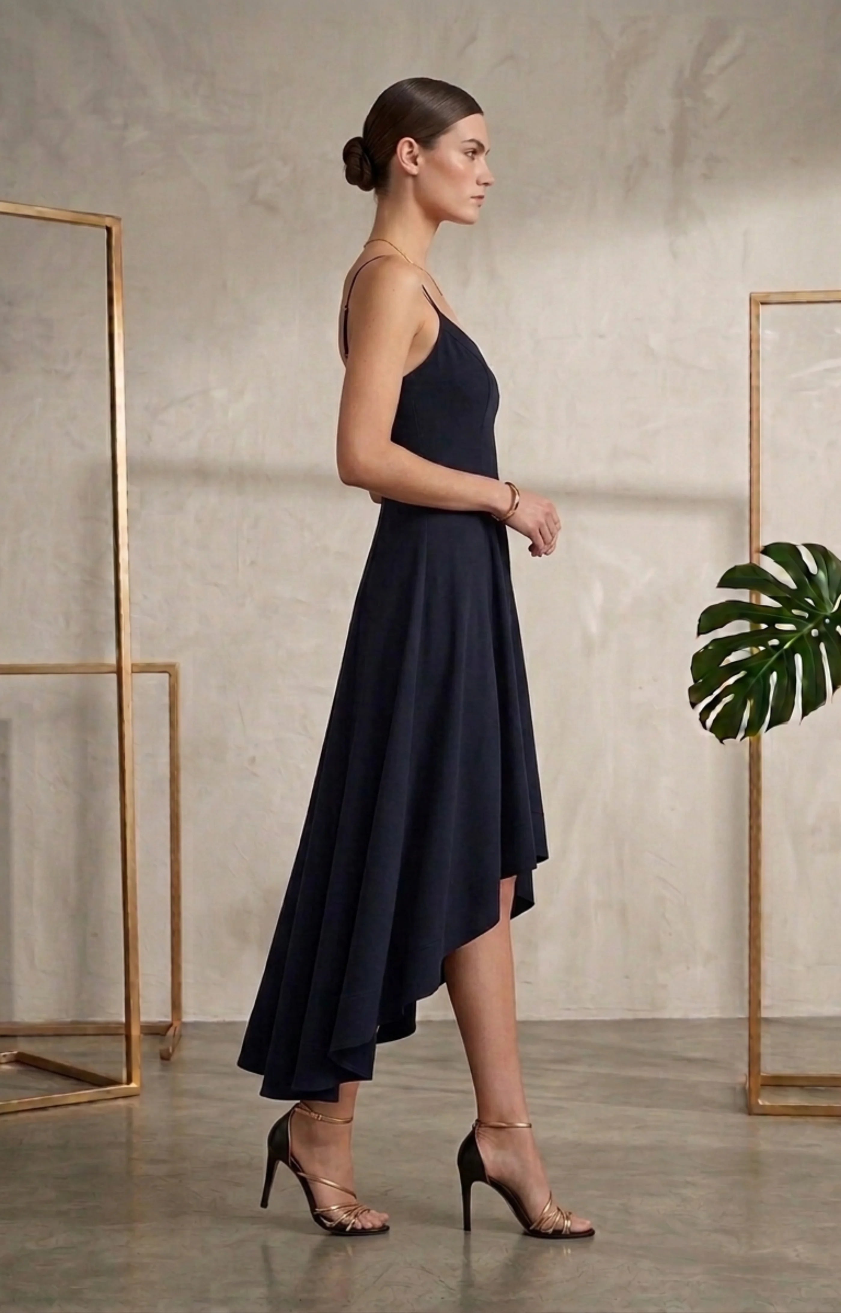 LUCY Elegant Asymmetric Navy Blue Midi Dress