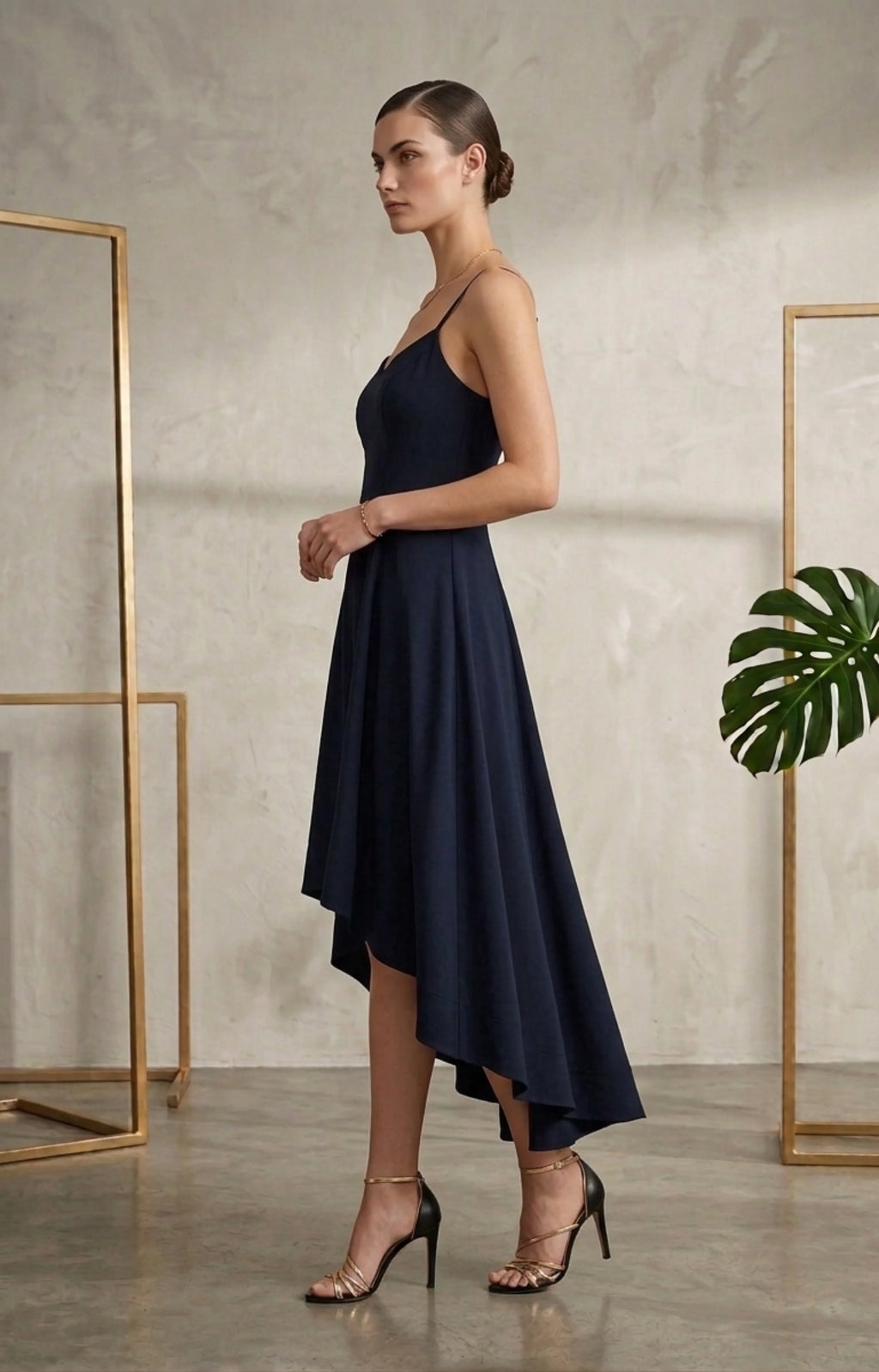 LUCY Elegant Asymmetric Navy Blue Midi Dress