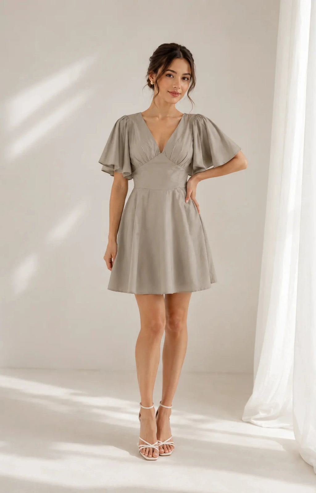 JUHI Elegant Grey Flutter Sleeve Fit & Flare Mini Dress