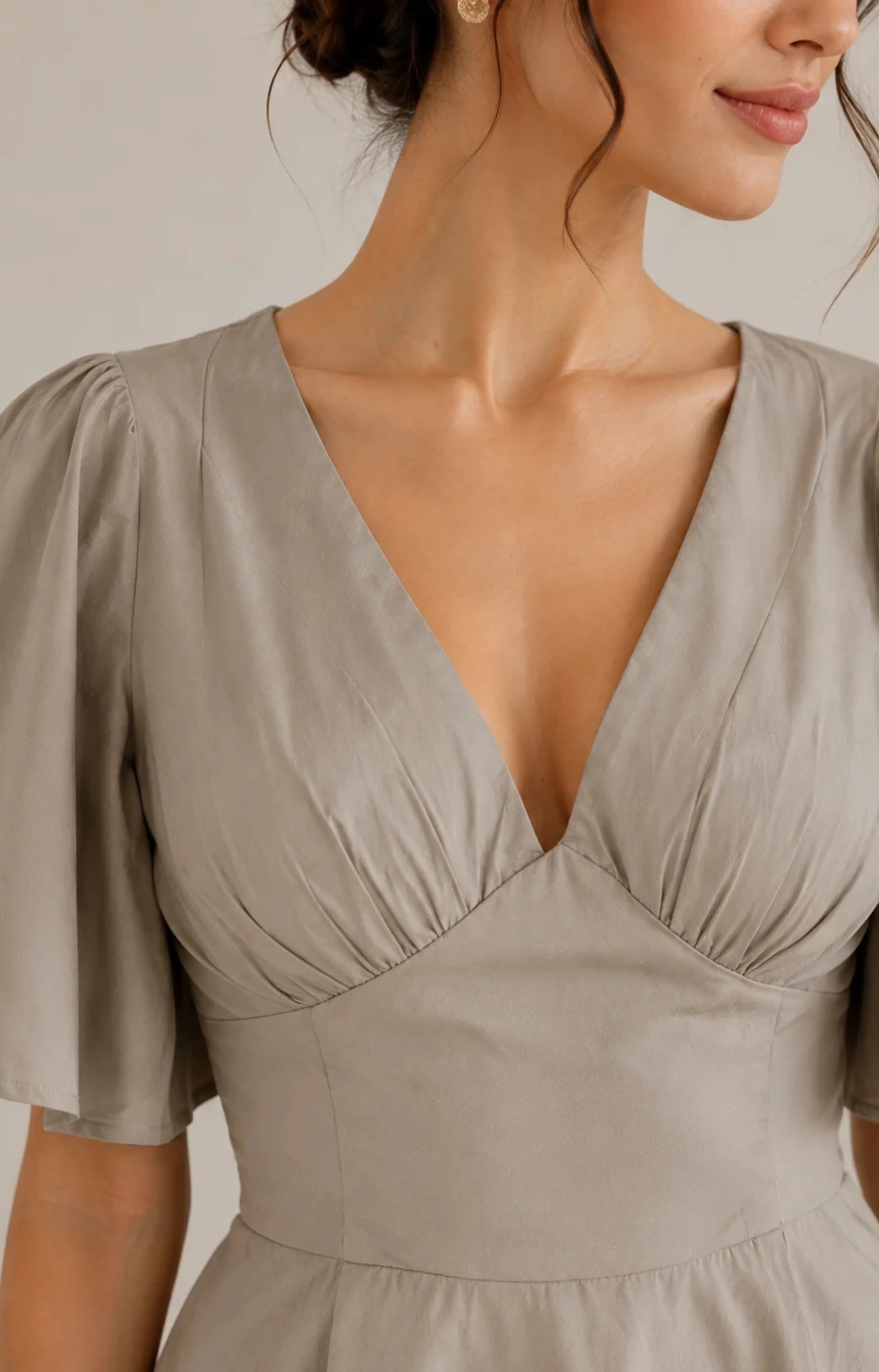 JUHI Elegant Grey Flutter Sleeve Fit & Flare Mini Dress