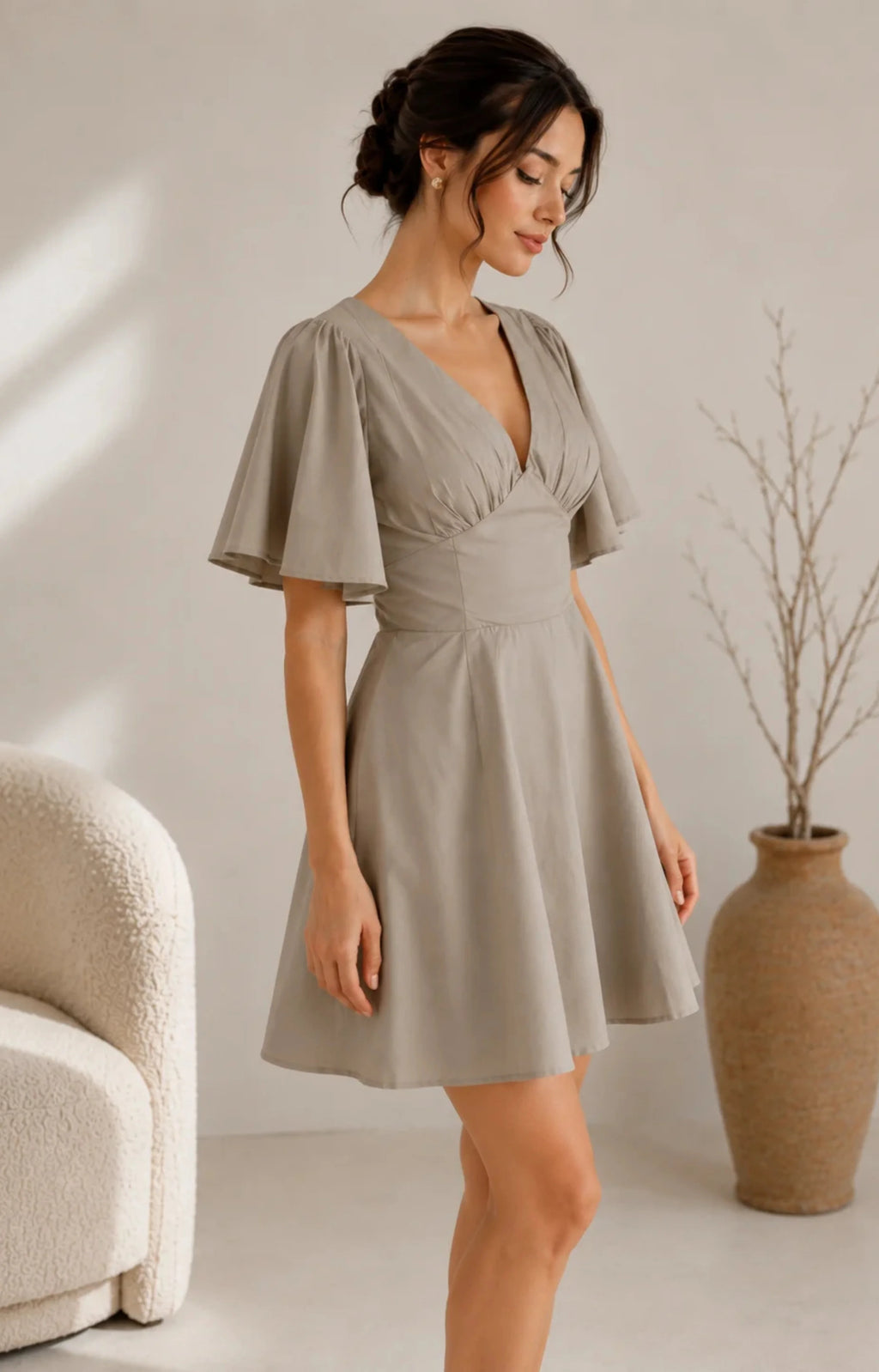JUHI Elegant Grey Flutter Sleeve Fit & Flare Mini Dress