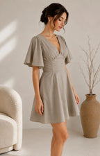JUHI Elegant Grey Flutter Sleeve Fit & Flare Mini Dress