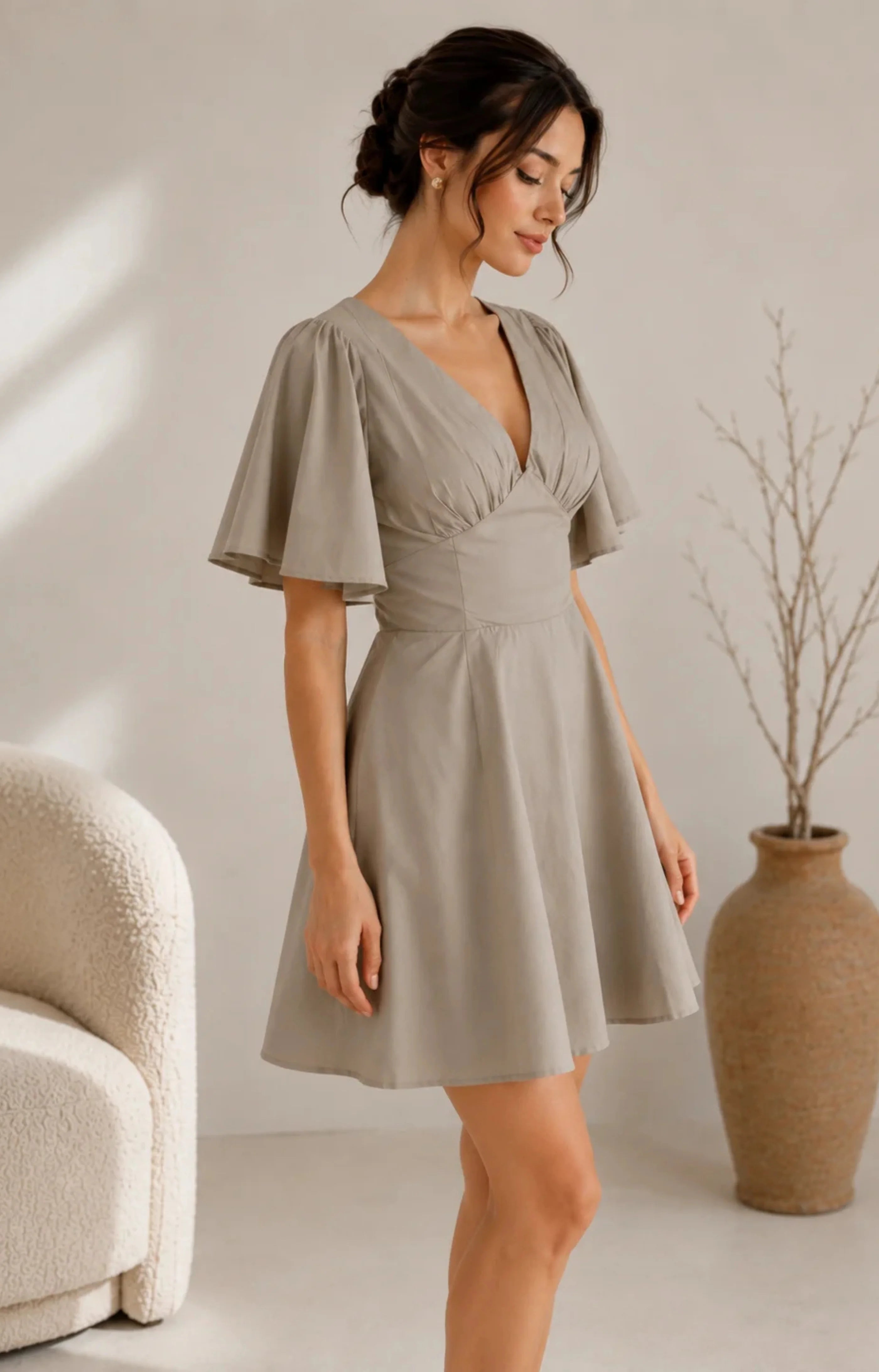 JUHI Elegant Grey Flutter Sleeve Fit & Flare Mini Dress
