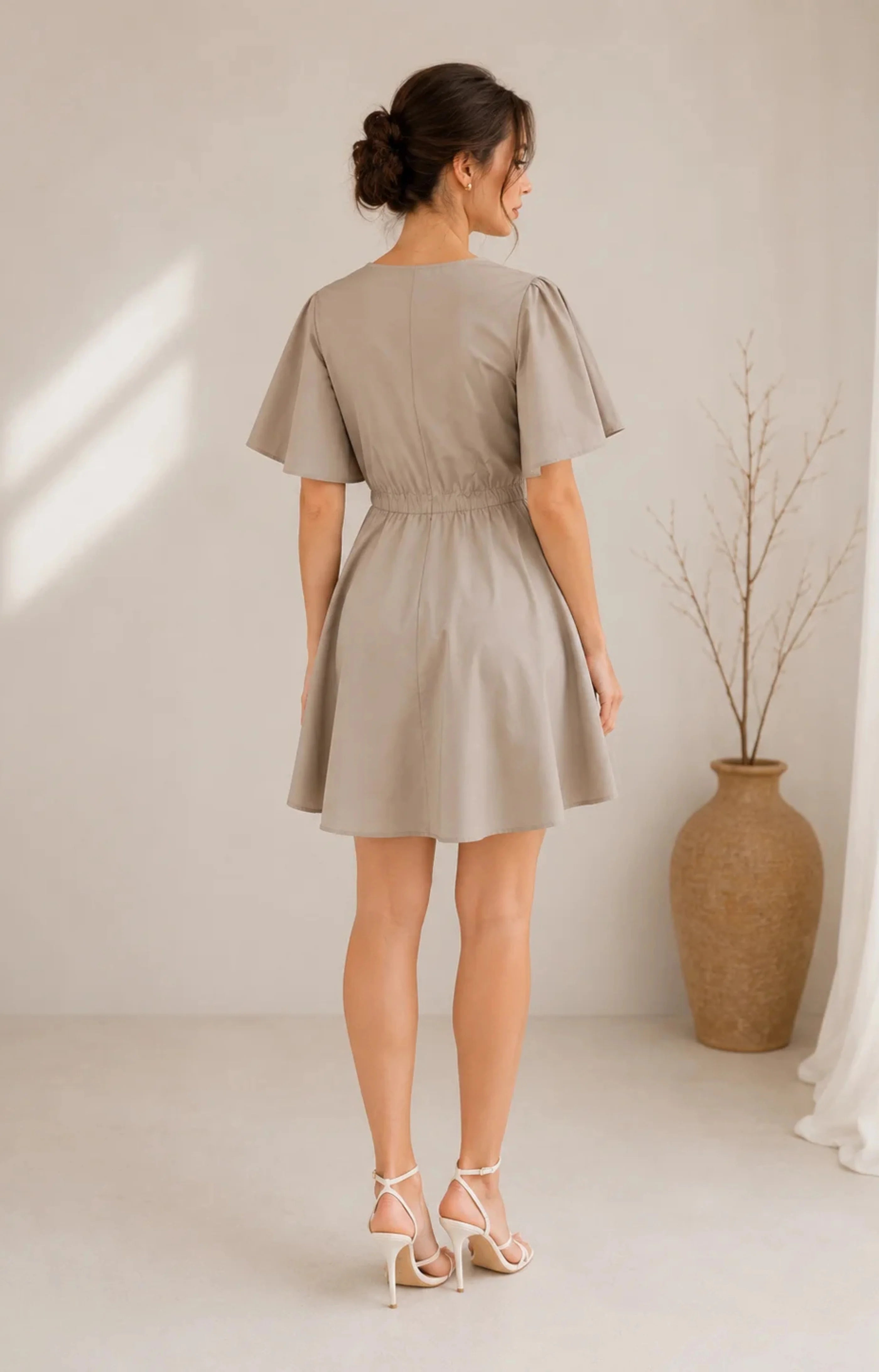 JUHI Elegant Grey Flutter Sleeve Fit & Flare Mini Dress