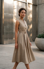 Jacky Elegant Taupe Belted A-Line Midi Dress