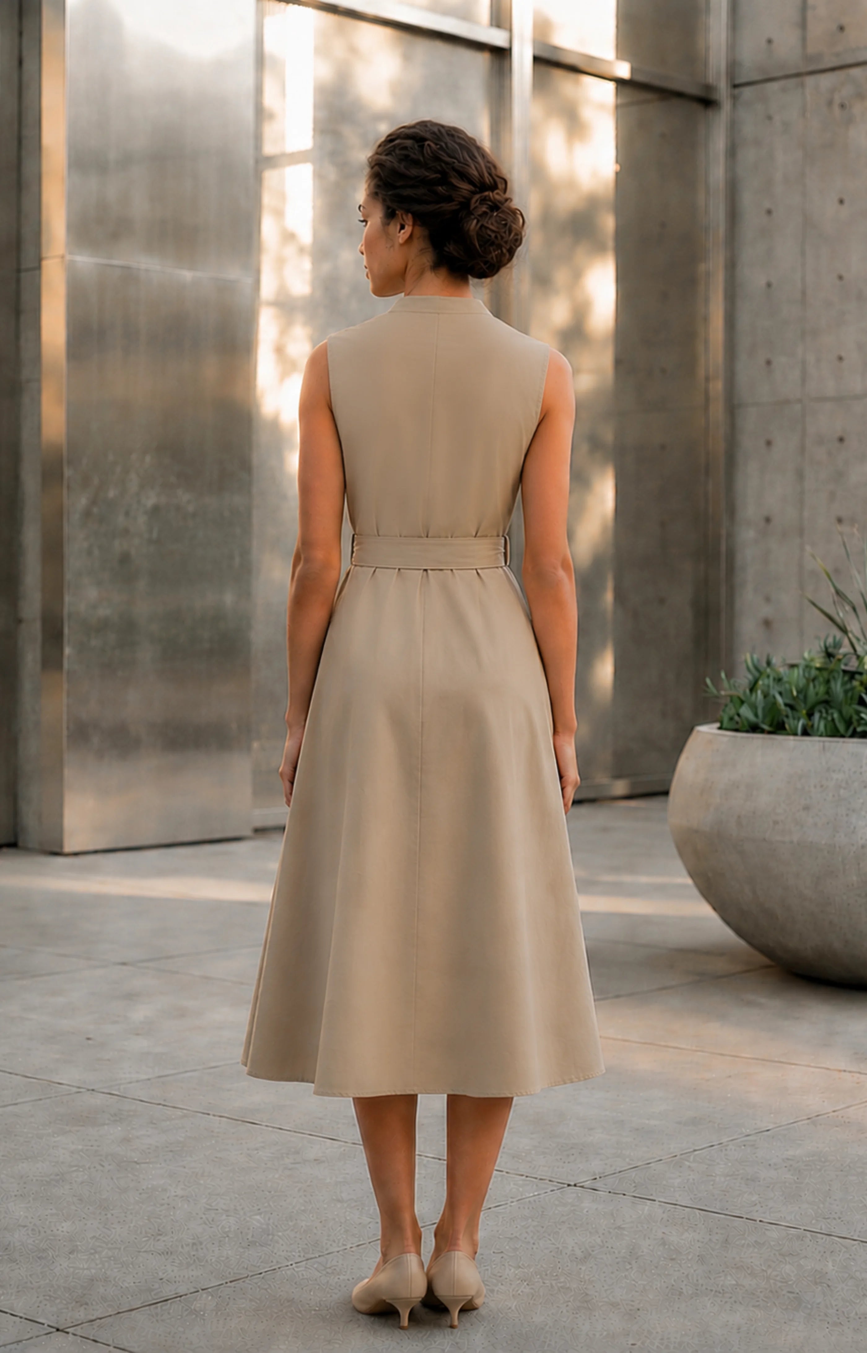 Jacky Elegant Taupe Belted A-Line Midi Dress