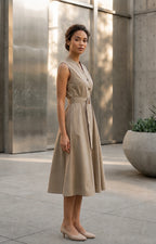 Jacky Elegant Taupe Belted A-Line Midi Dress
