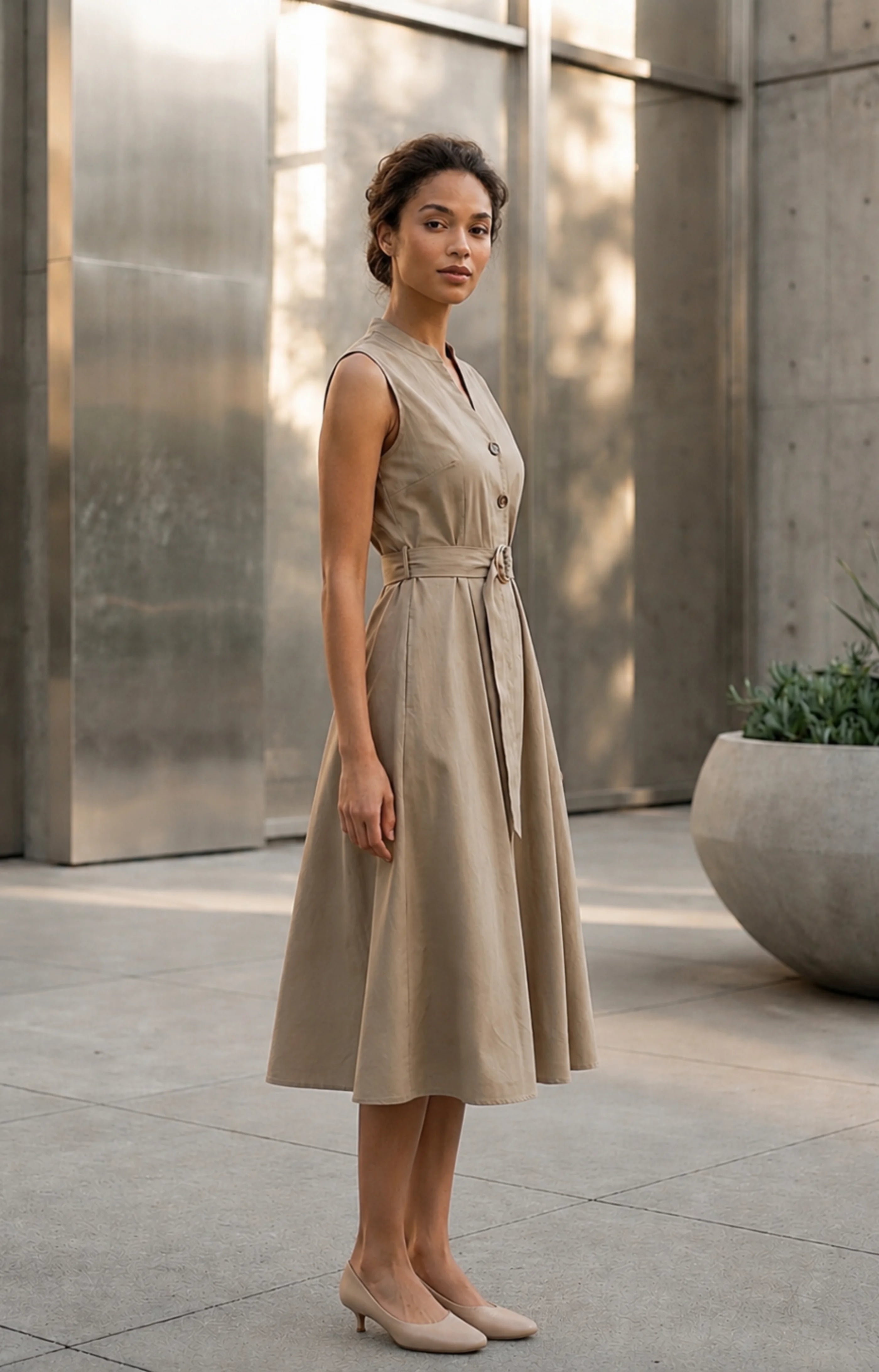 Jacky Elegant Taupe Belted A-Line Midi Dress