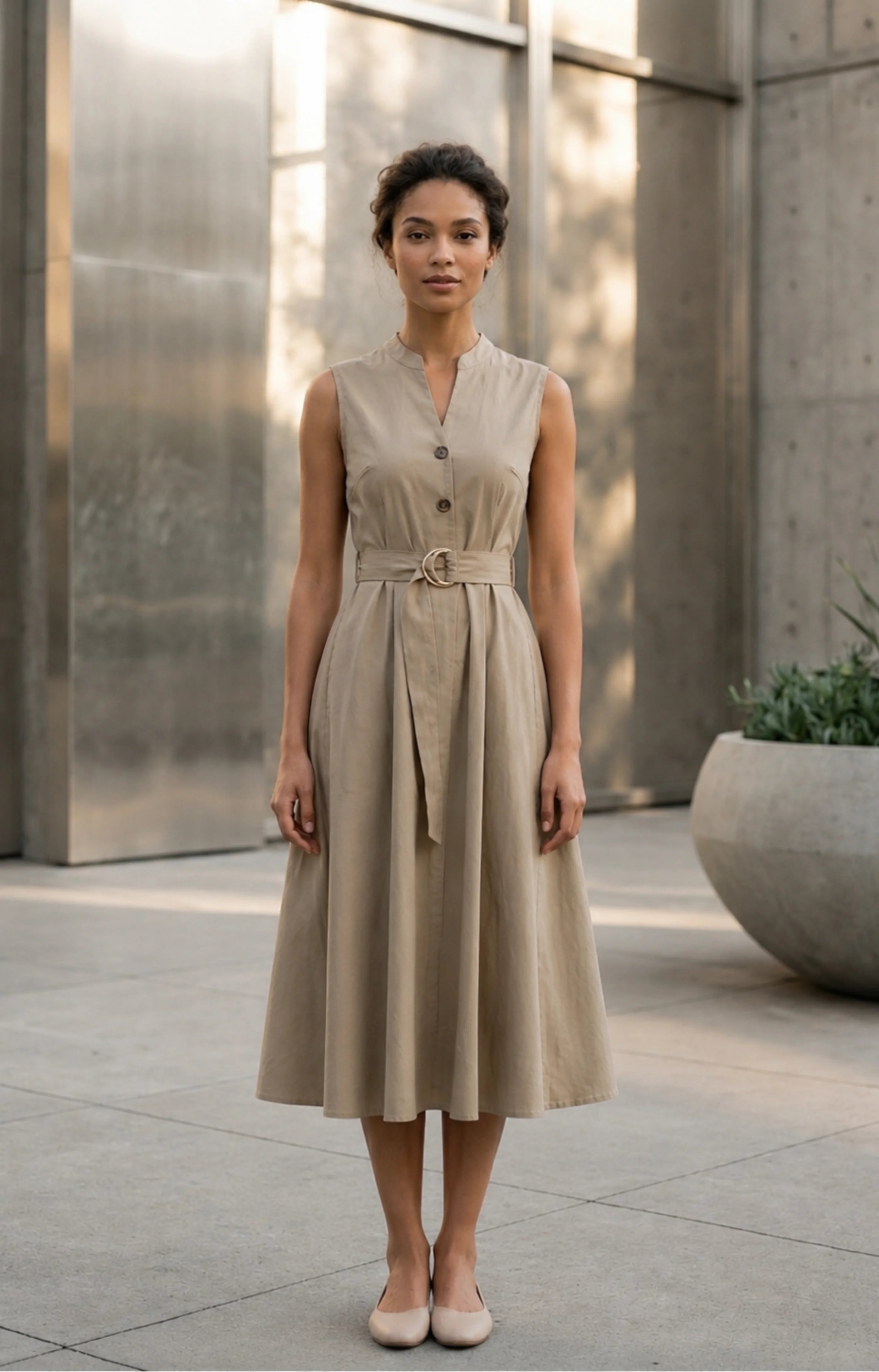 Jacky Elegant Taupe Belted A-Line Midi Dress – Woreme
