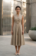 Jacky Elegant Taupe Belted A-Line Midi Dress