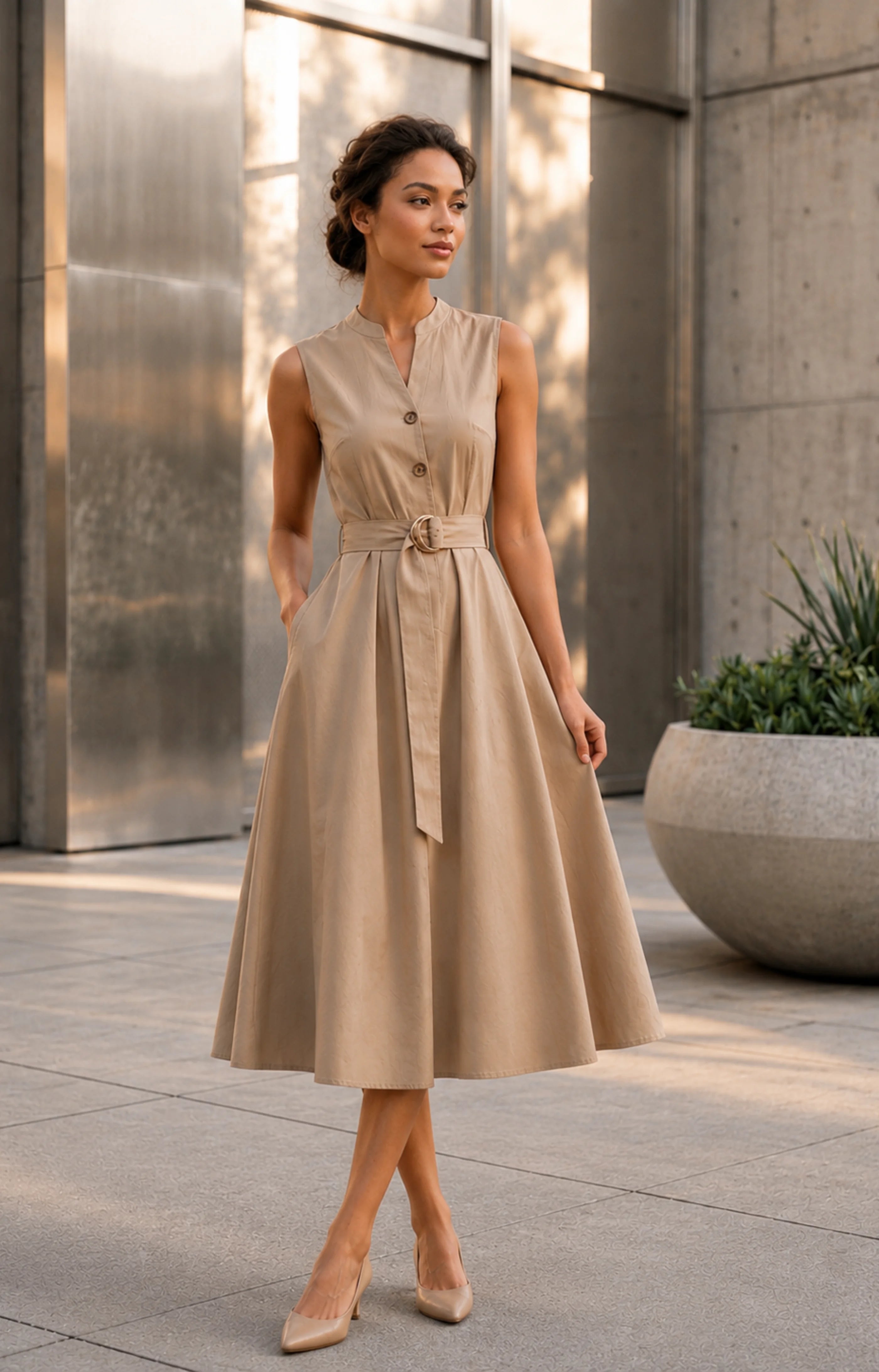 Jacky Elegant Taupe Belted A-Line Midi Dress
