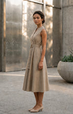Jacky Elegant Taupe Belted A-Line Midi Dress