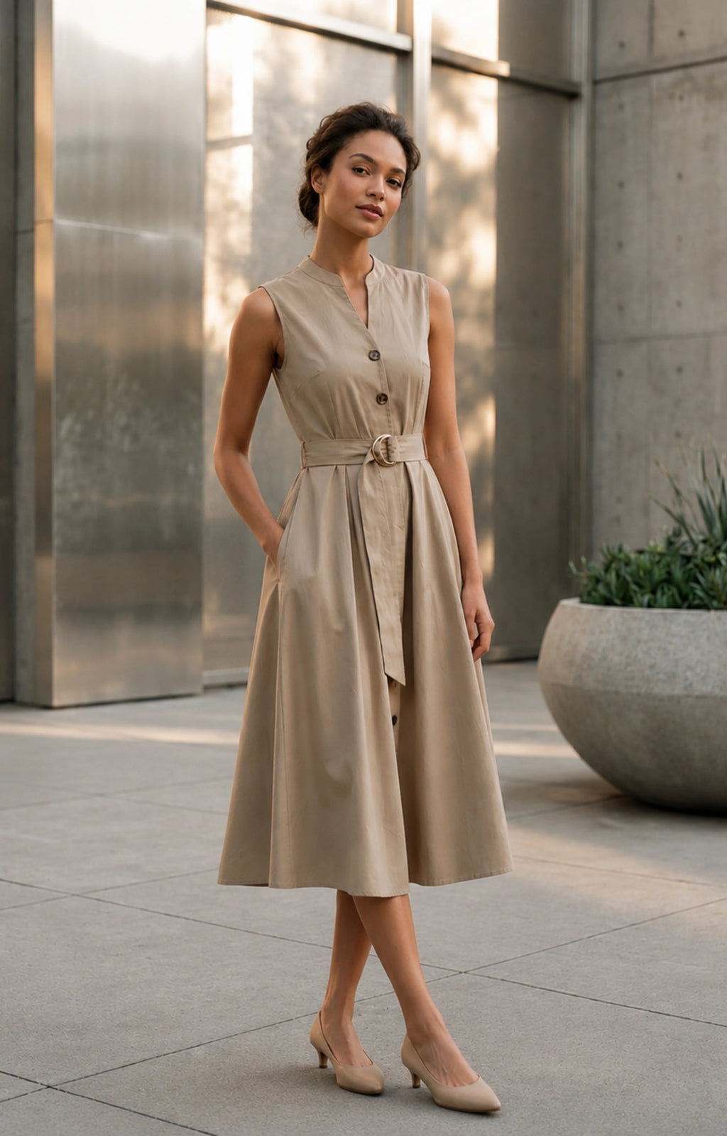 Jacky Elegant Taupe Belted A-Line Midi Dress