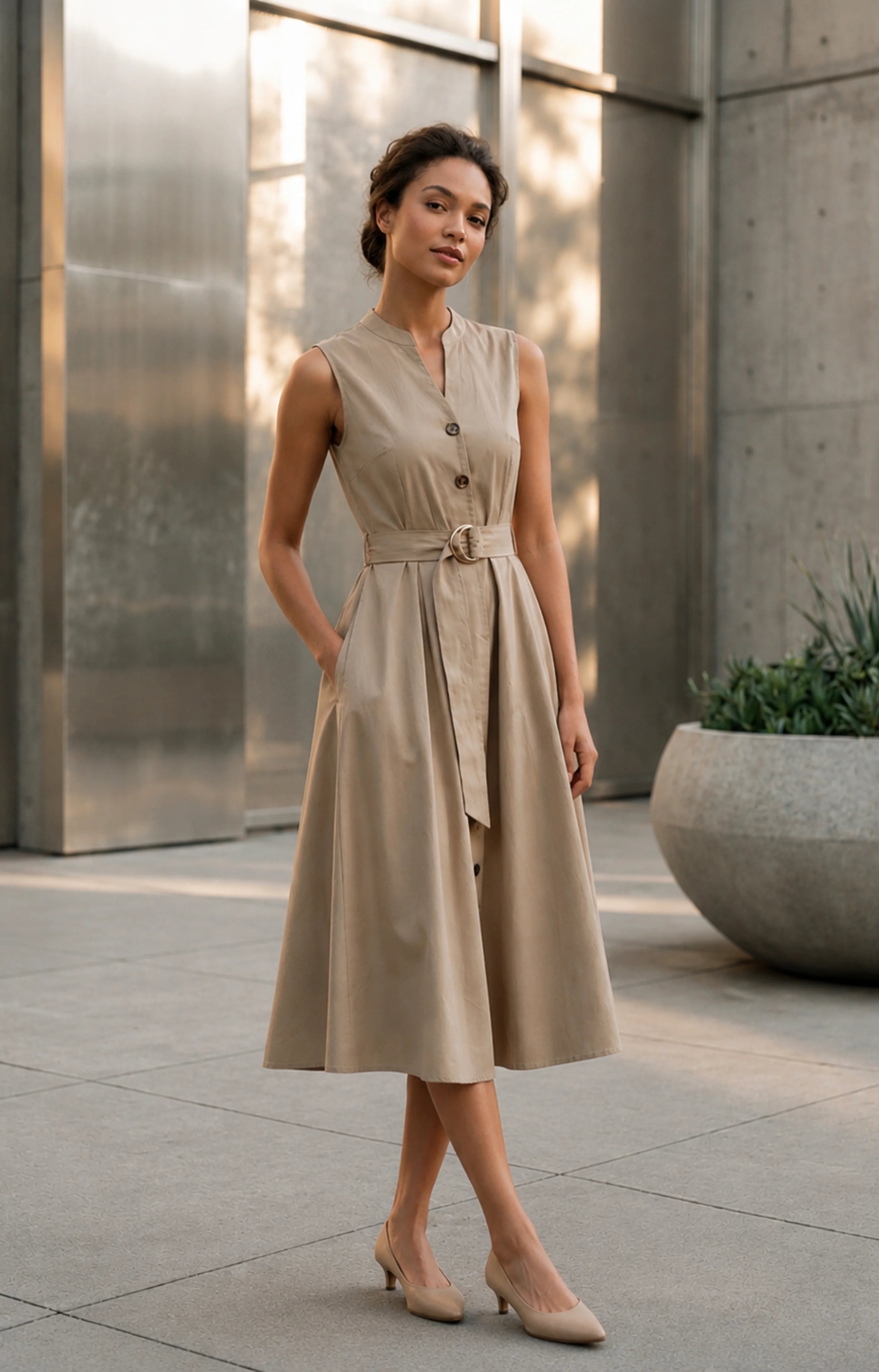 Jacky Elegant Taupe Belted A-Line Midi Dress