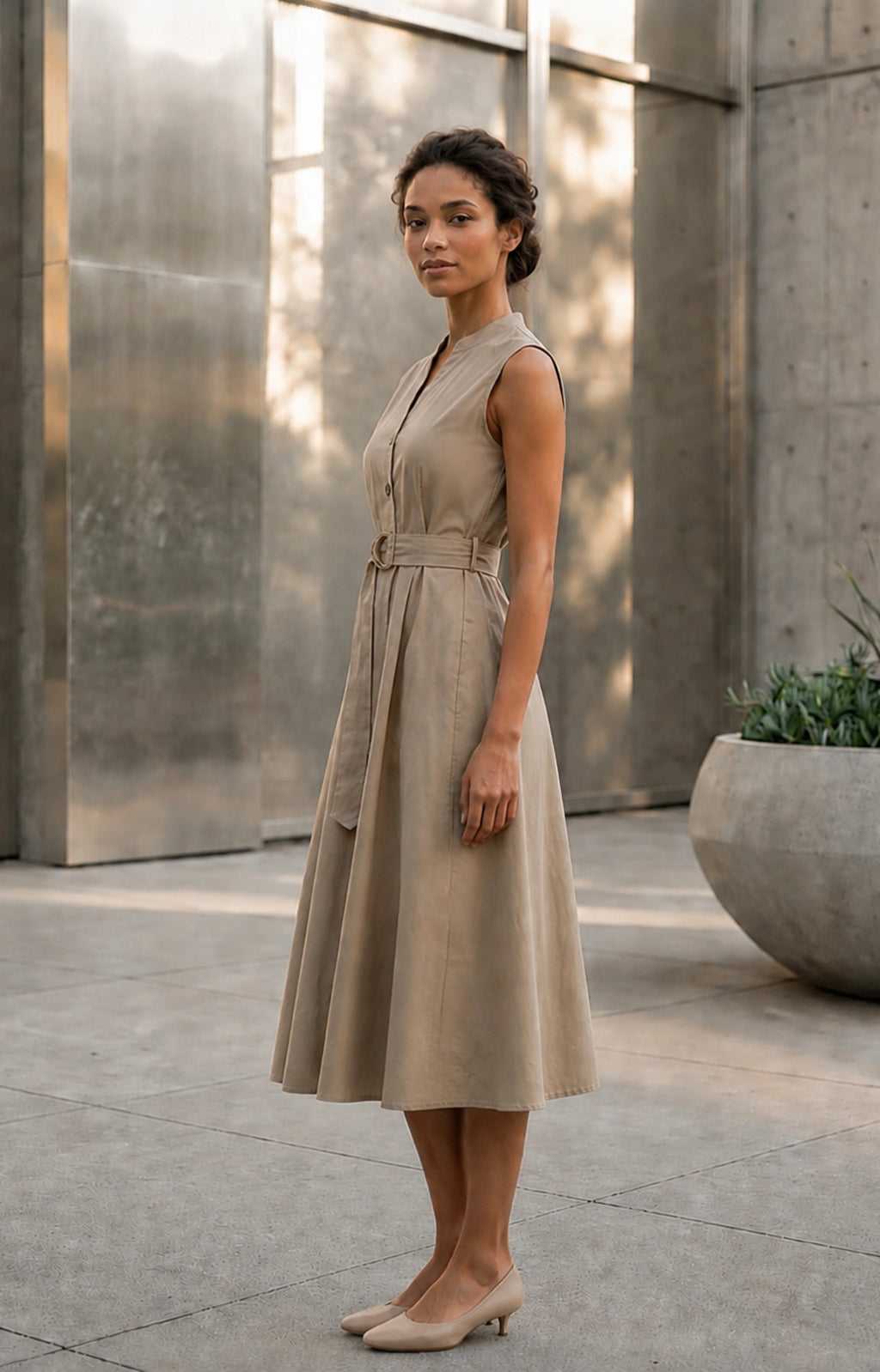 Jacky Elegant Taupe Belted A-Line Midi Dress