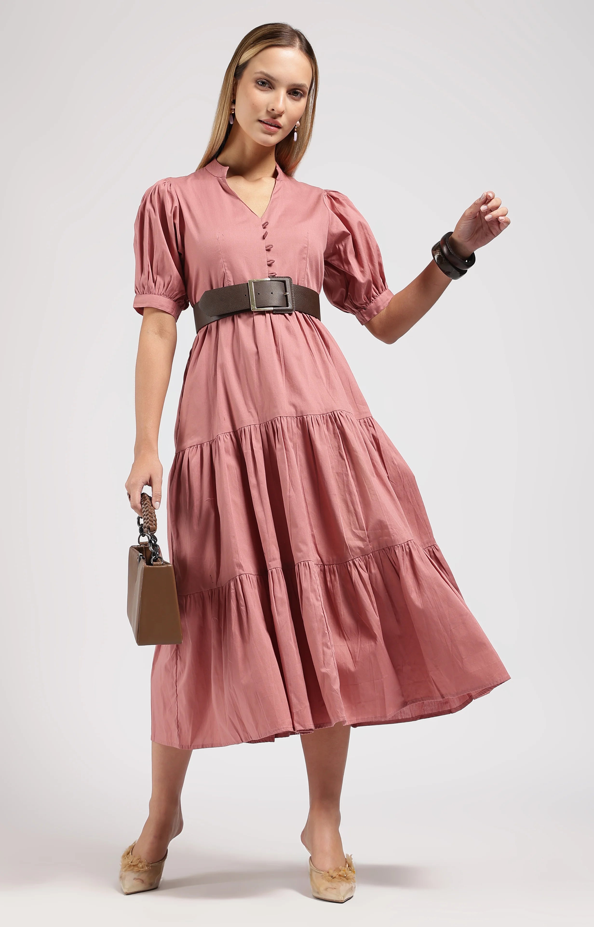 JIVA Dusty Rose-Onion Pink Tiered Midi Dress
