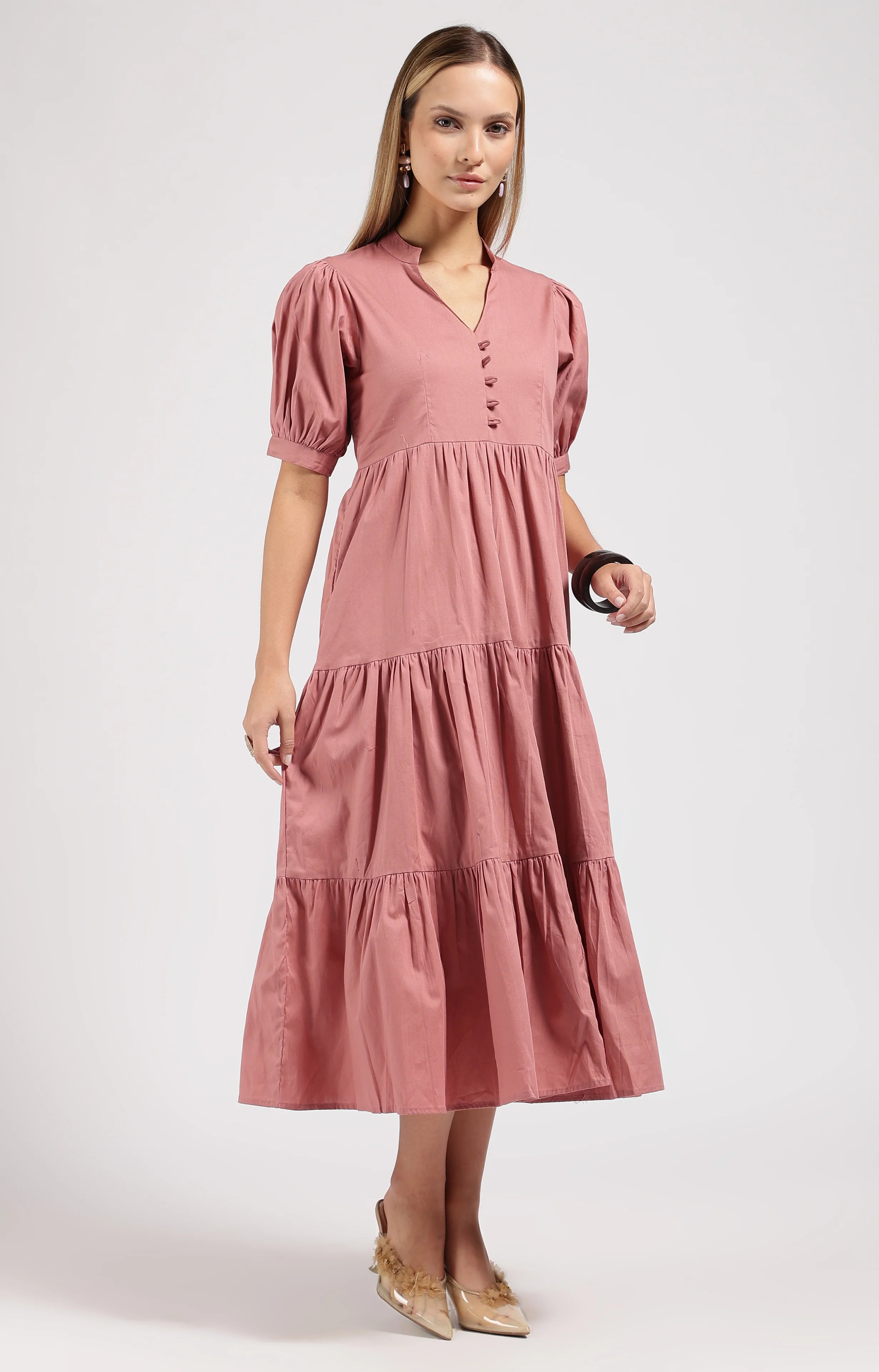 JIVA Dusty Rose-Onion Pink Tiered Midi Dress