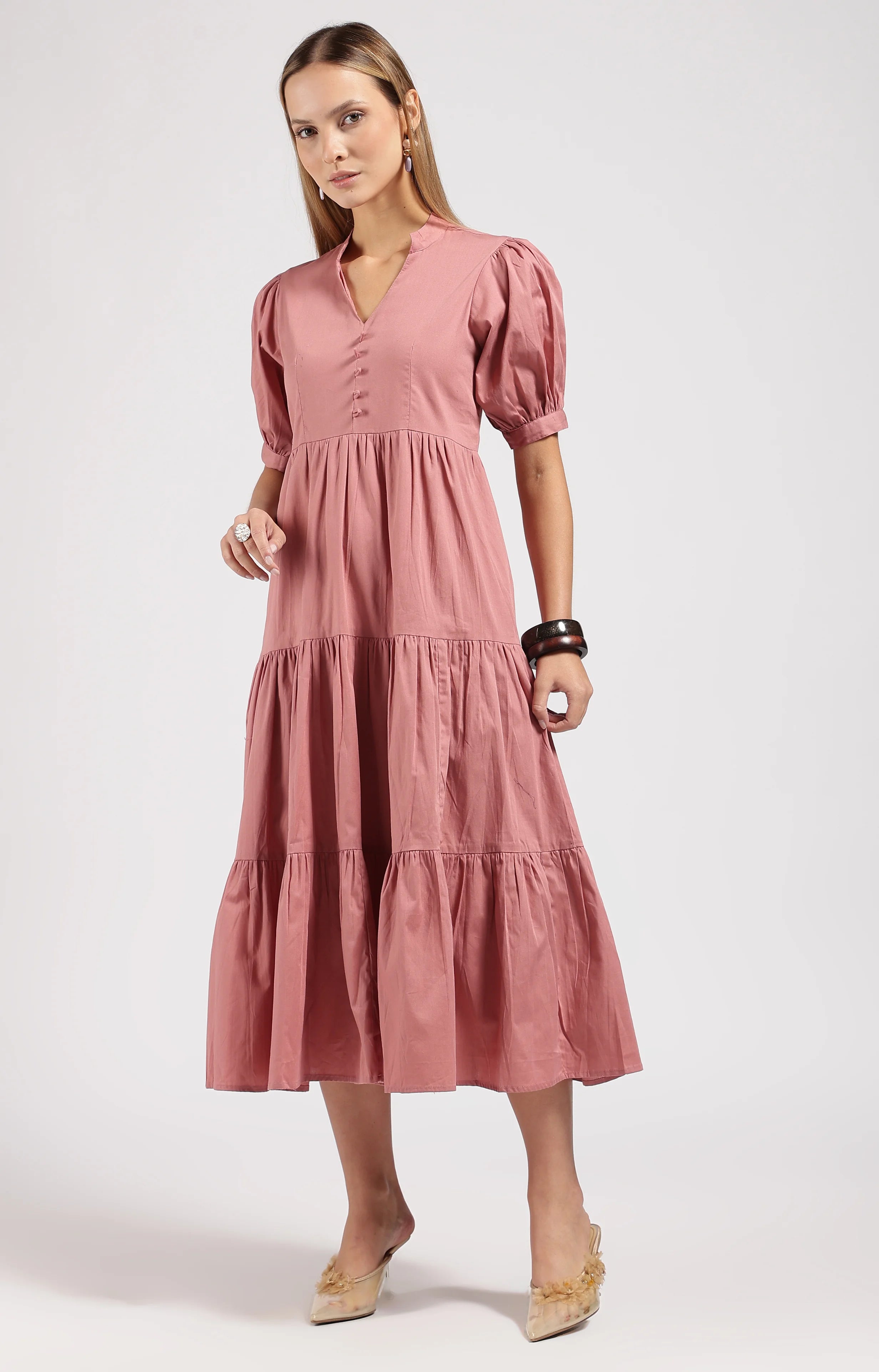 JIVA Dusty Rose-Onion Pink Tiered Midi Dress